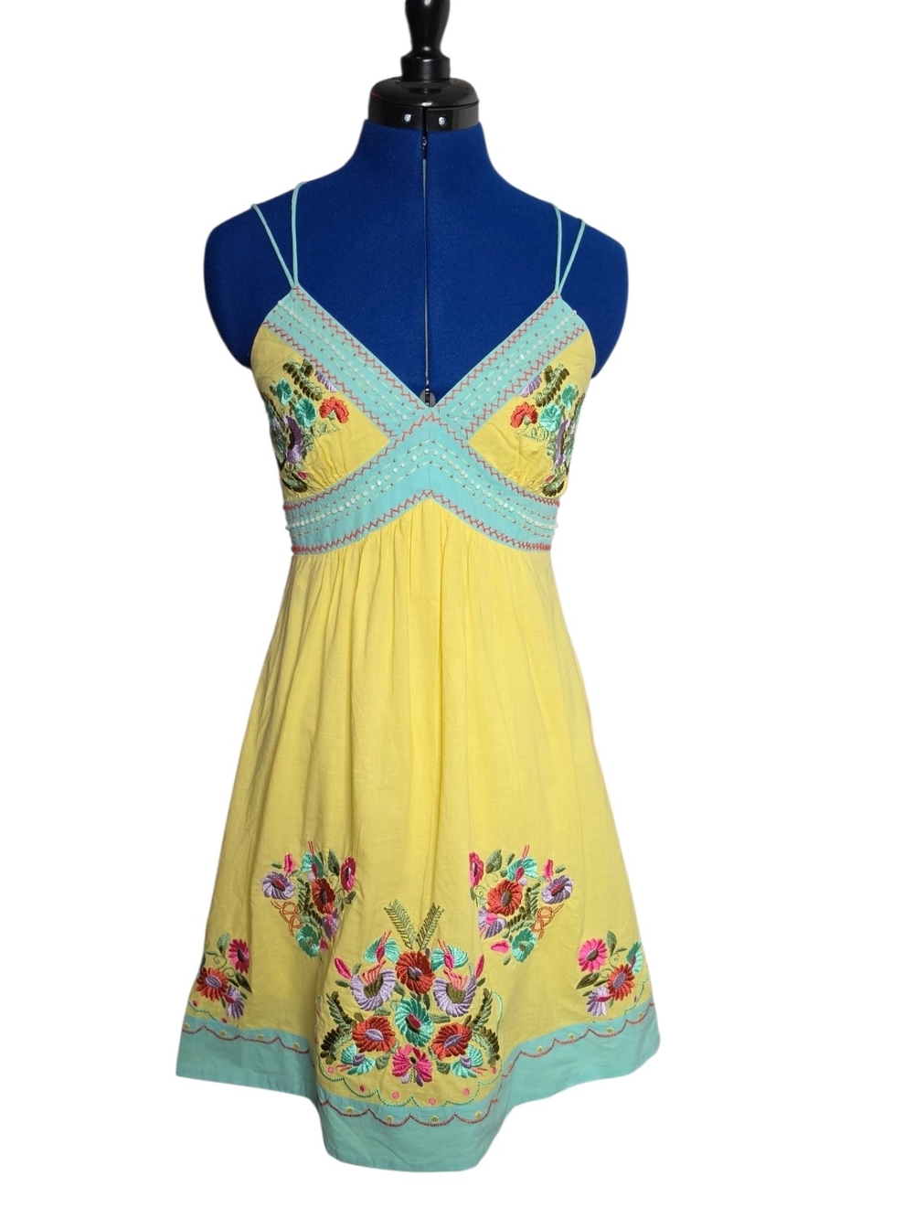 Boston Proper Yellow and Aqua  Floral Embroidered Sundress